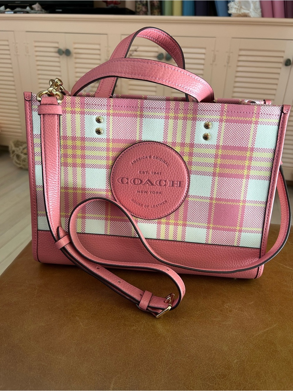 COACH Pink Garden Plaid Dempsey Carryall Tote Bag